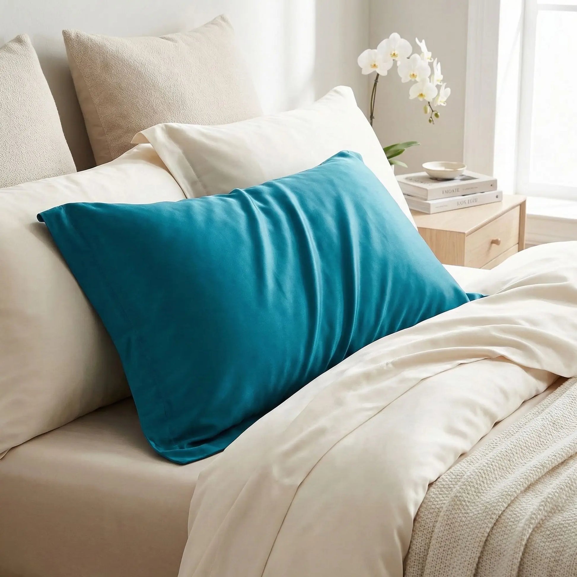 Taies d’oreiller INJOXFORD en soie de mûrier 30 mommes bleu canard posées sur un lit moderne