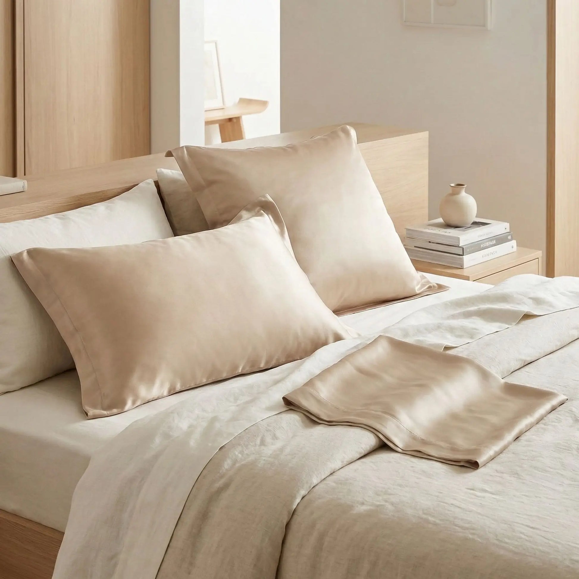 Taies d’oreiller INJOXFORD en soie de mûrier 30 mommes champagne posées sur un lit en bois clair avec linge de lit blanc cassé ambiance lumineuse et naturelle