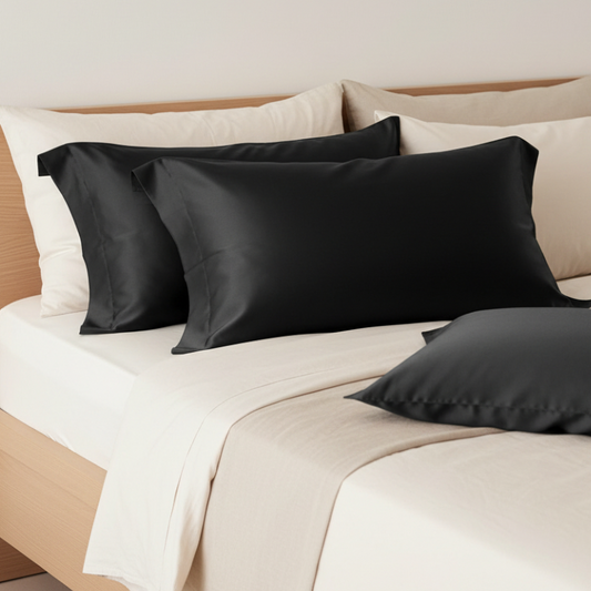 Taies d’oreiller INJOXFORD en soie de mûrier 30 mommes noires posées sur un lit en bois clair avec linge de lit blanc cassé ambiance lumineuse et naturelle