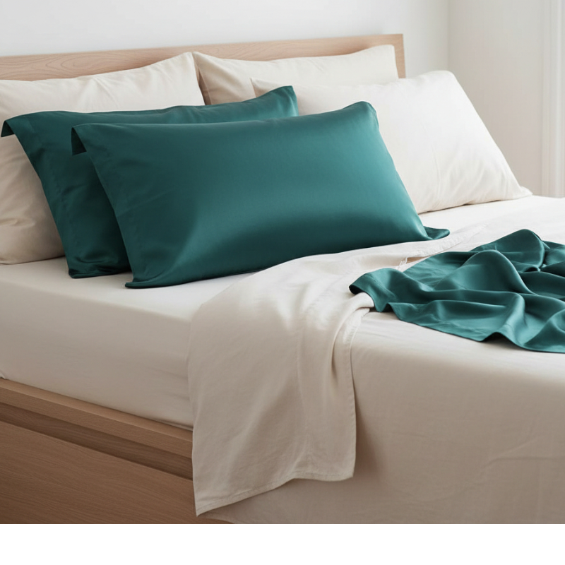 Taies d’oreiller INJOXFORD en soie de mûrier 30 mommes verte présentée sur un lit