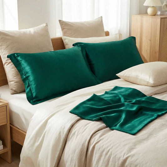 Taies d’oreiller INJOXFORD en soie de mûrier 30 mommes vertes posées sur un lit en bois clair avec linge de lit blanc cassé ambiance lumineuse et naturelle