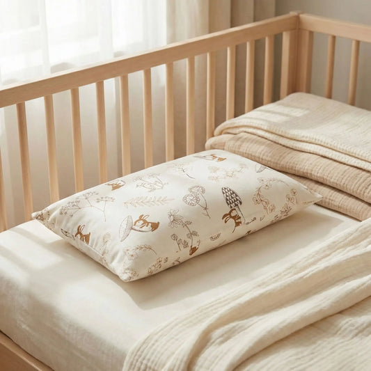Taies d’oreiller bébé en coton à motif champignon posées sur un lit bébé en bois clair