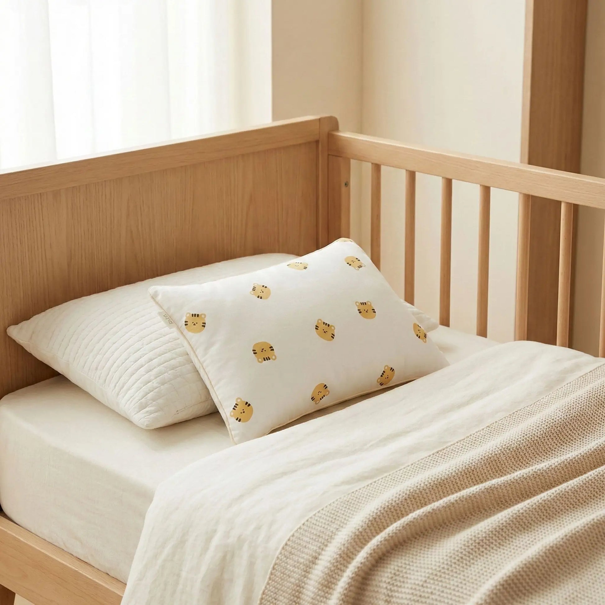 Taies d’oreiller bébé en coton à motif chat posées sur un lit bébé en bois clair avec linge de lit blanc cassé