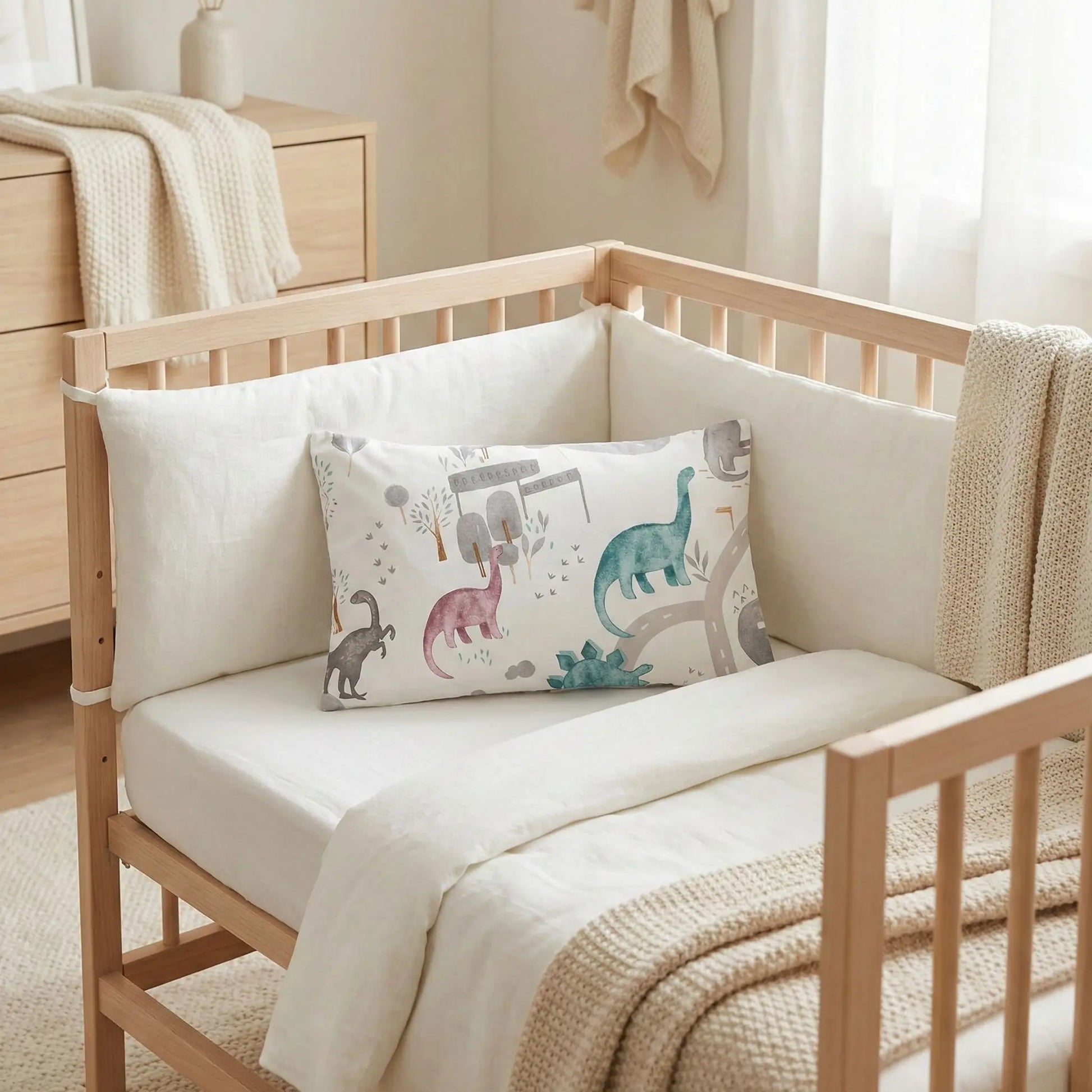 Taies d’oreiller bébé en coton à motif dinosaure posées sur un lit bébé en bois clair