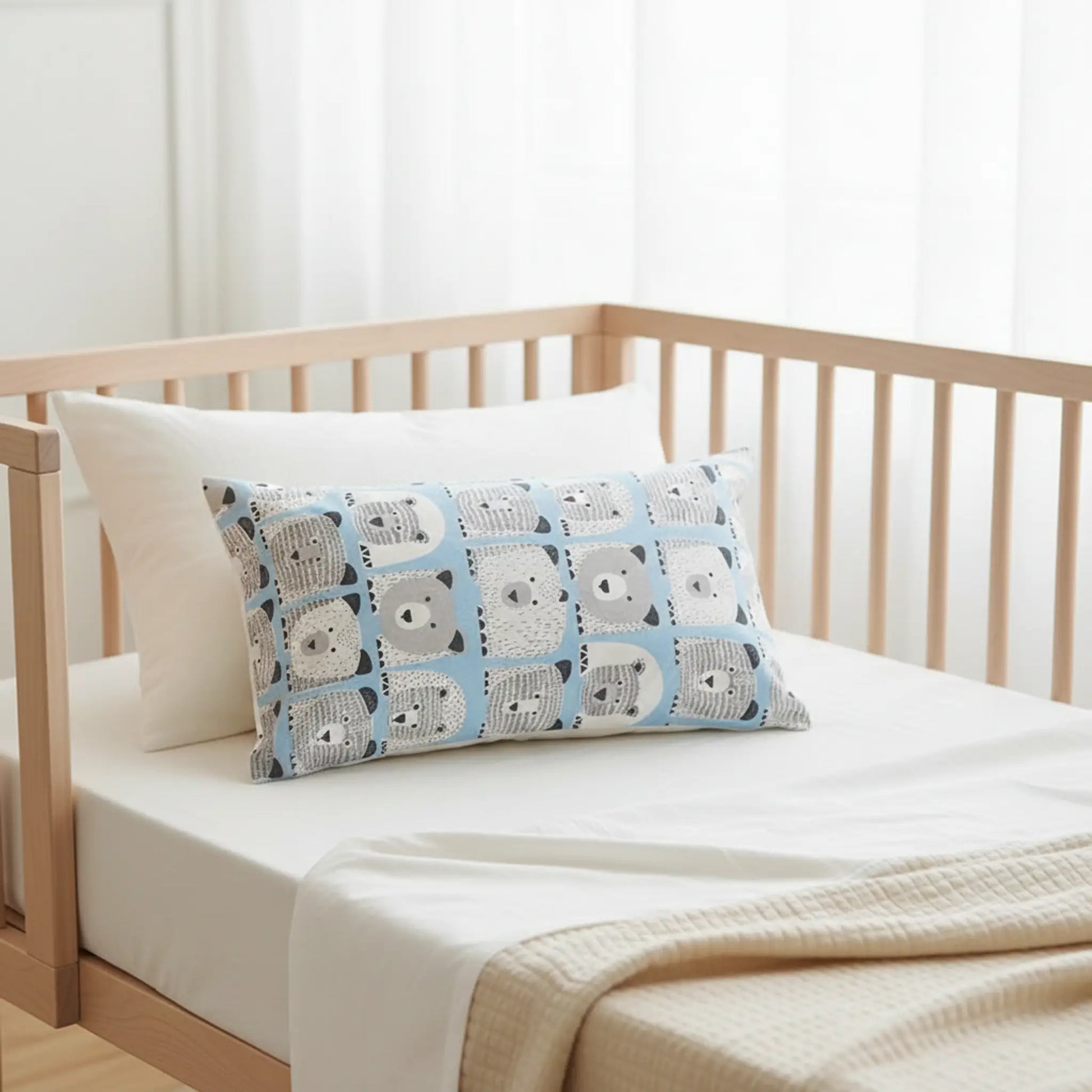 Taies d’oreiller bébé en coton à motif ours bleu posées sur un lit bébé en bois clair avec linge de lit blanc cassé