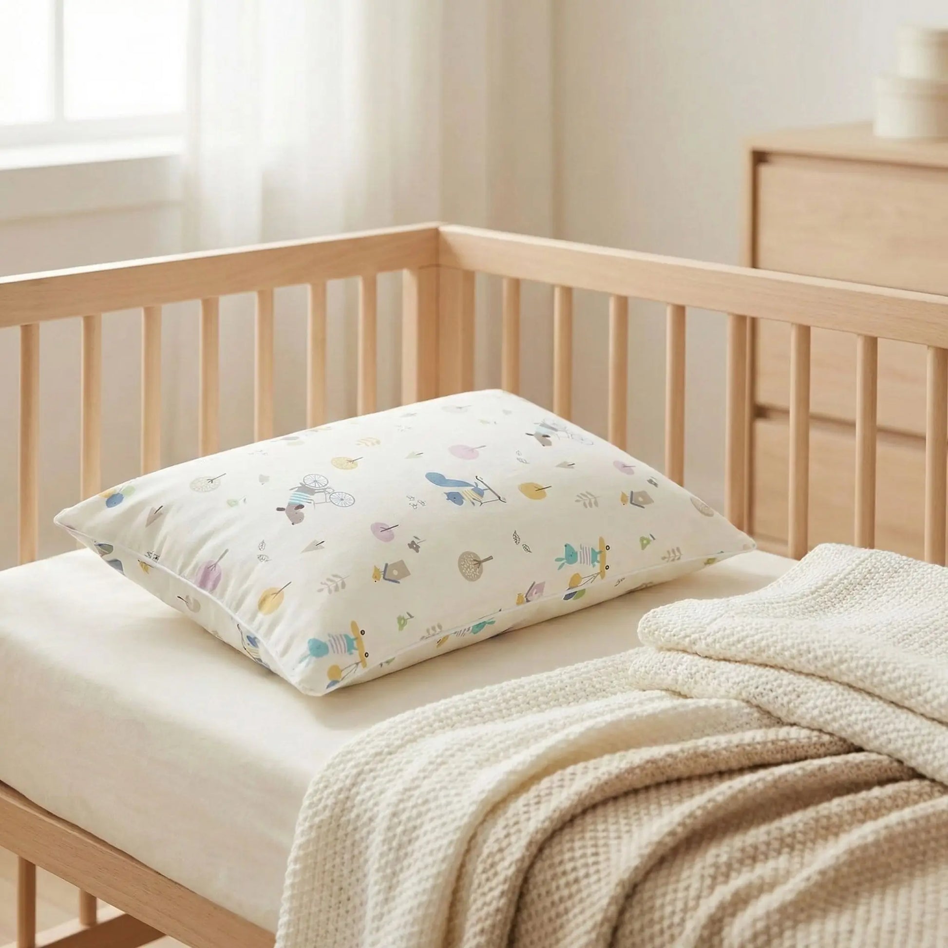 Taies d’oreiller bébé en coton à motifs posées sur un lit bébé en bois clair avec linge de lit blanc cassé