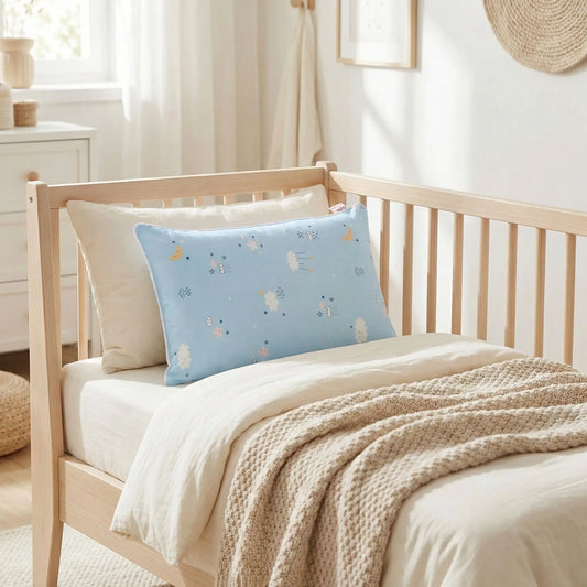 Taies d’oreiller bébé en coton bleu posées sur un lit bébé en bois clair avec linge de lit blanc cassé