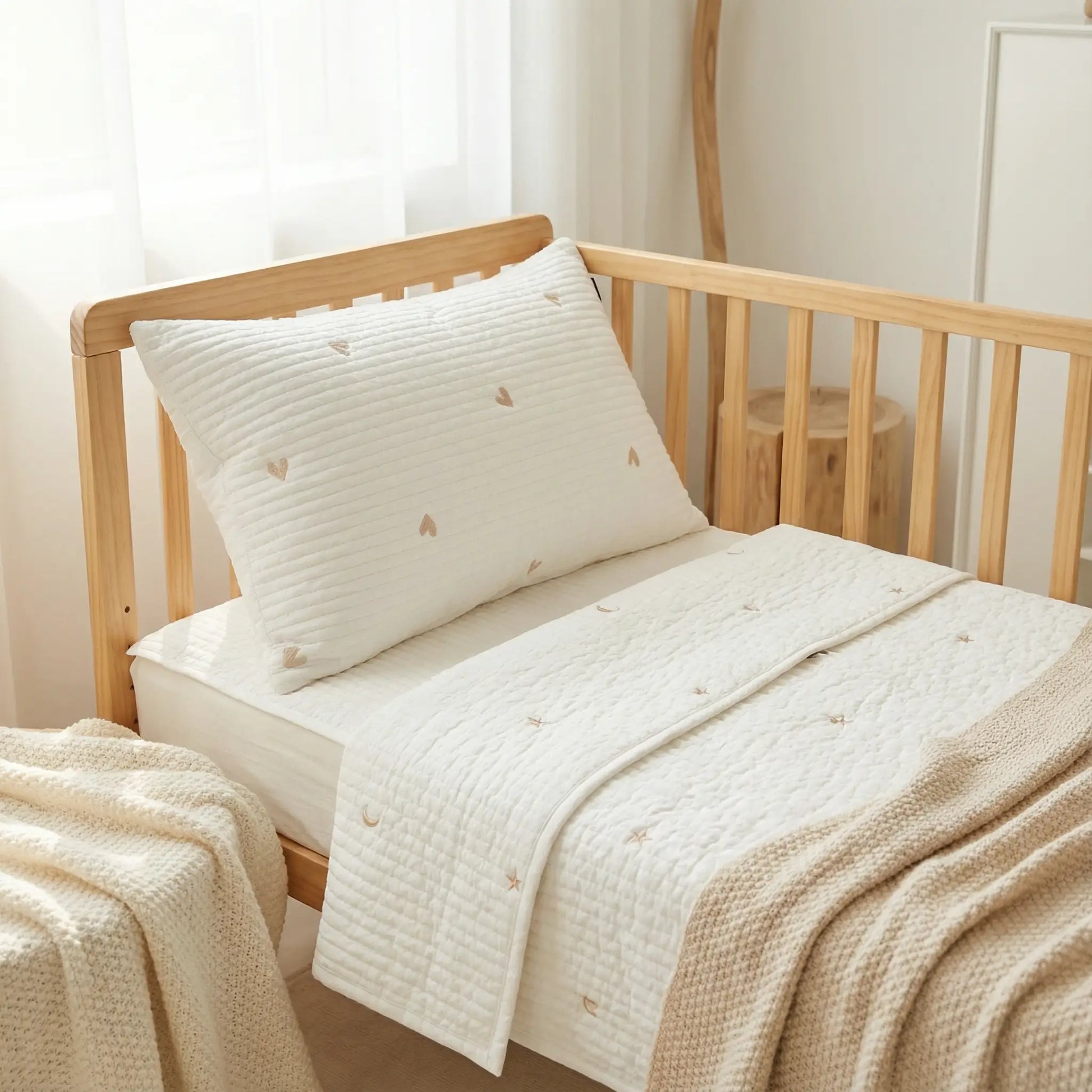 Taies d’oreiller bébé en coton matelassé à motif cœurs posées sur un lit bébé en bois clair avec linge de lit blanc cassé