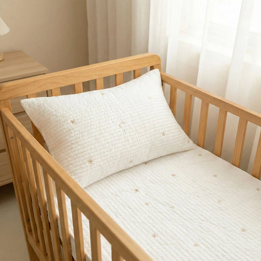 Taies d’oreiller bébé en coton matelassé à motif étoiles posées sur un lit bébé en bois clair avec linge de lit blanc cassé