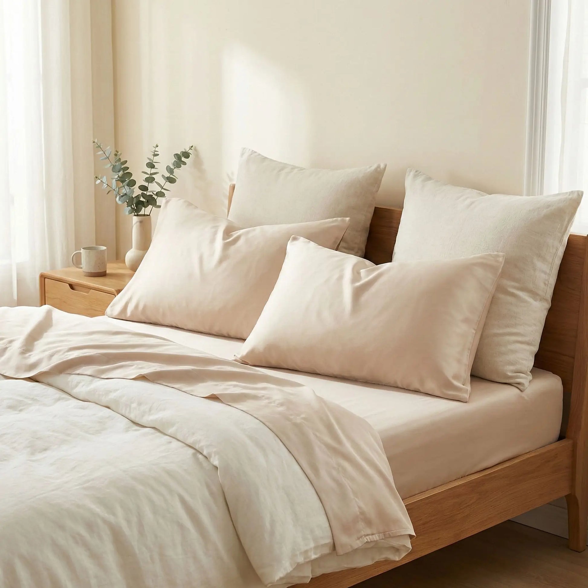 Taies d’oreiller en bambou beige posées sur un lit en bois clair avec linge de lit blanc cassé