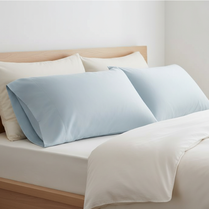 Taies d’oreiller en bambou bleues posées sur un lit en bois clair avec linge de lit blanc cassé