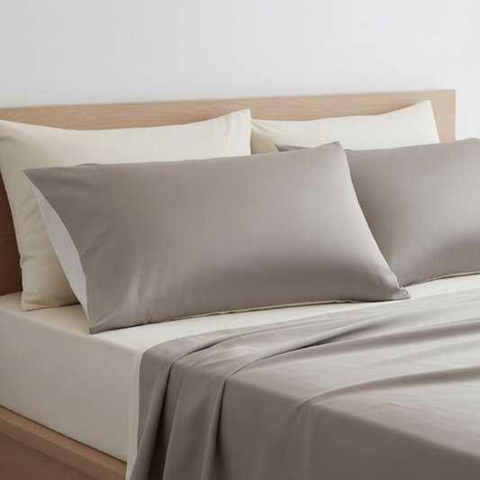 Taies d’oreiller en bambou gris profond posées sur un lit en bois clair avec linge de lit blanc cassé