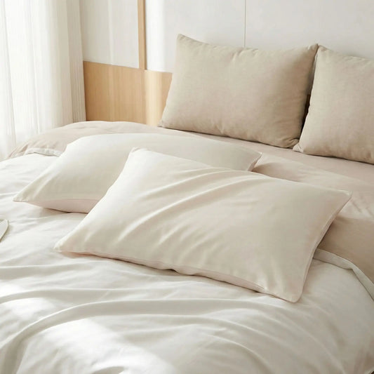 Taies d’oreiller en bambou ivoire posées sur un lit en bois clair avec linge de lit blanc cassé