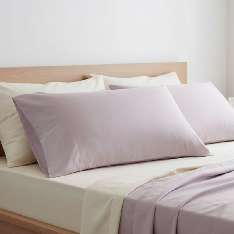 Taies d’oreiller en bambou mauves posées sur un lit en bois clair avec linge de lit blanc cassé