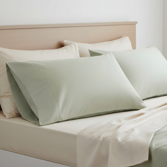 Taies d’oreiller en bambou vertes posées sur un lit en bois clair avec linge de lit blanc cassé