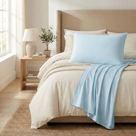 Taies d’oreiller en coton bleu clair posées sur un lit moderne