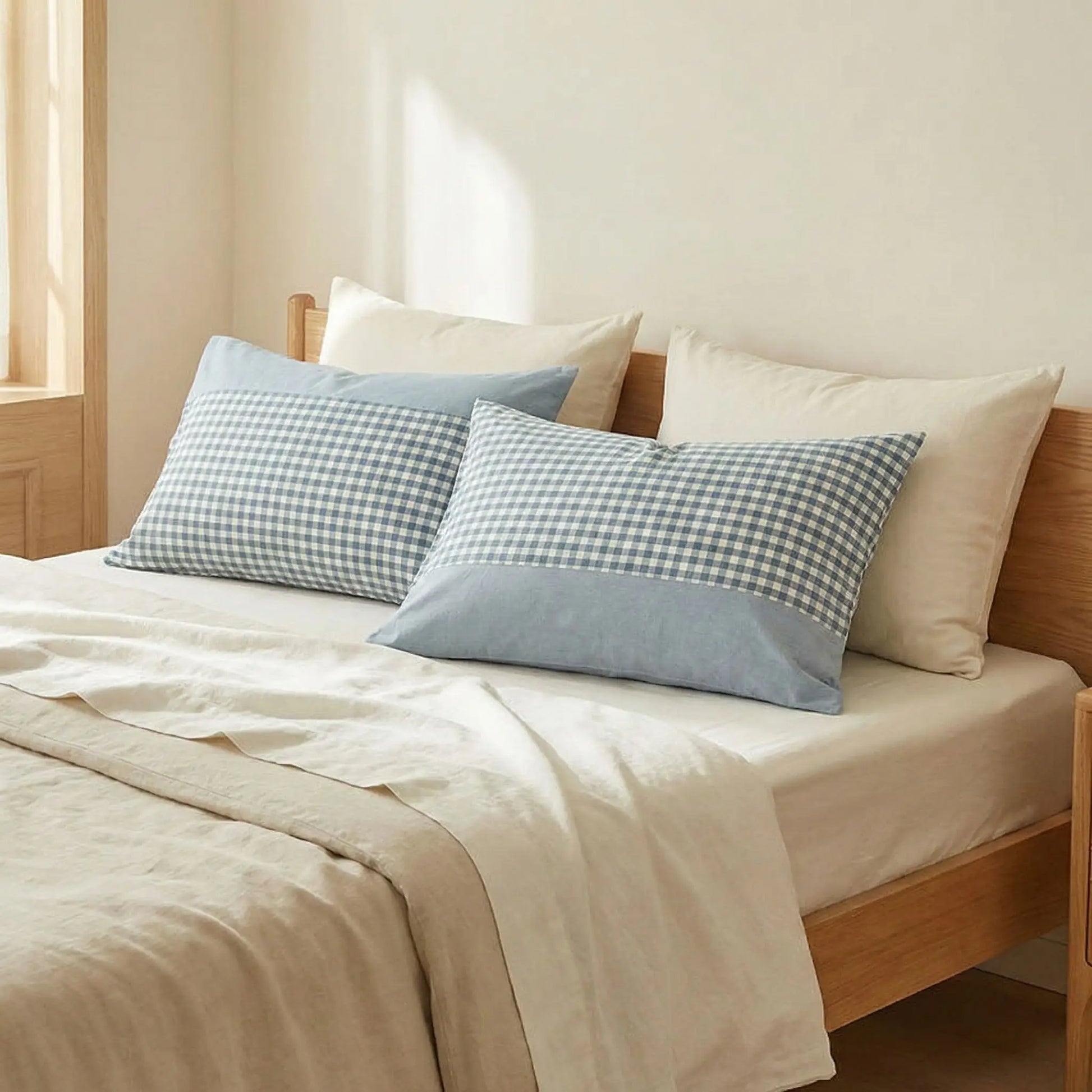 Taies d’oreiller en coton égyptien bleu posées sur un lit en bois clair avec linge de lit blanc cassé