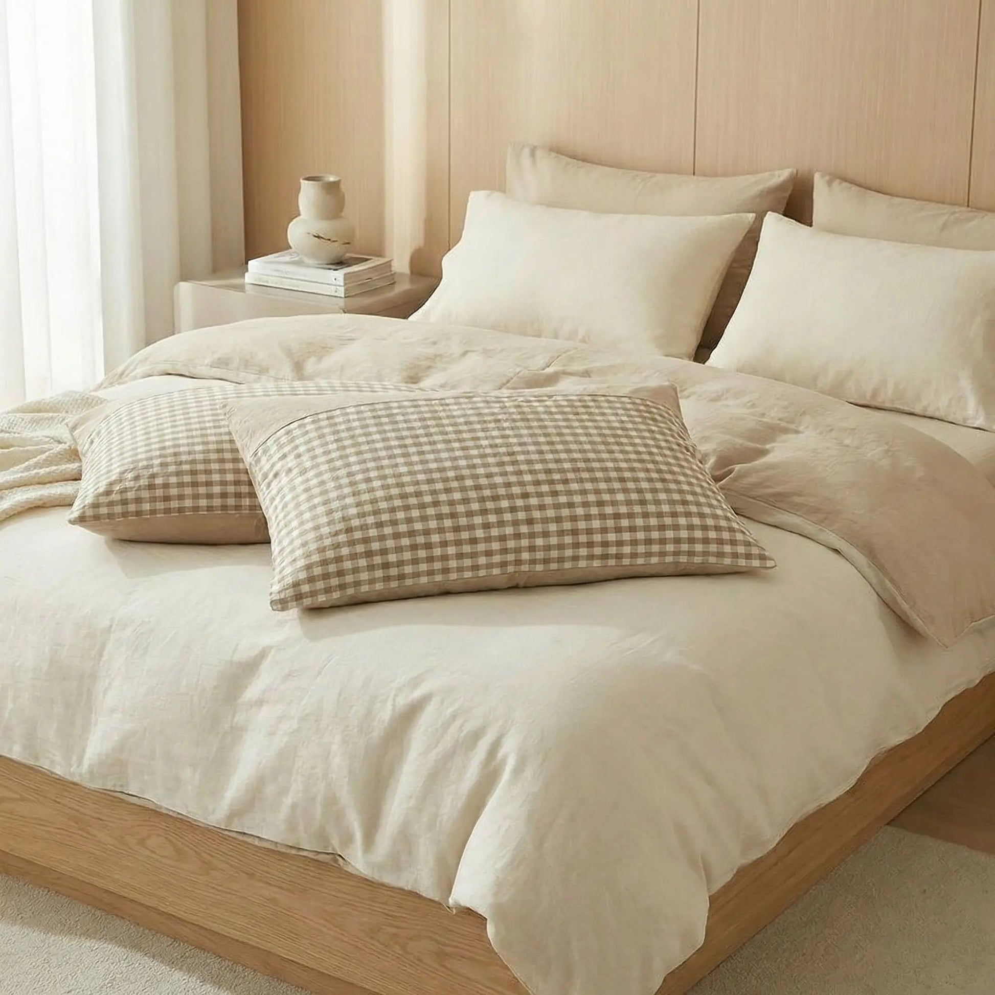 Taies d’oreiller en coton égyptien marron clair posées sur un lit en bois clair avec linge de lit blanc 