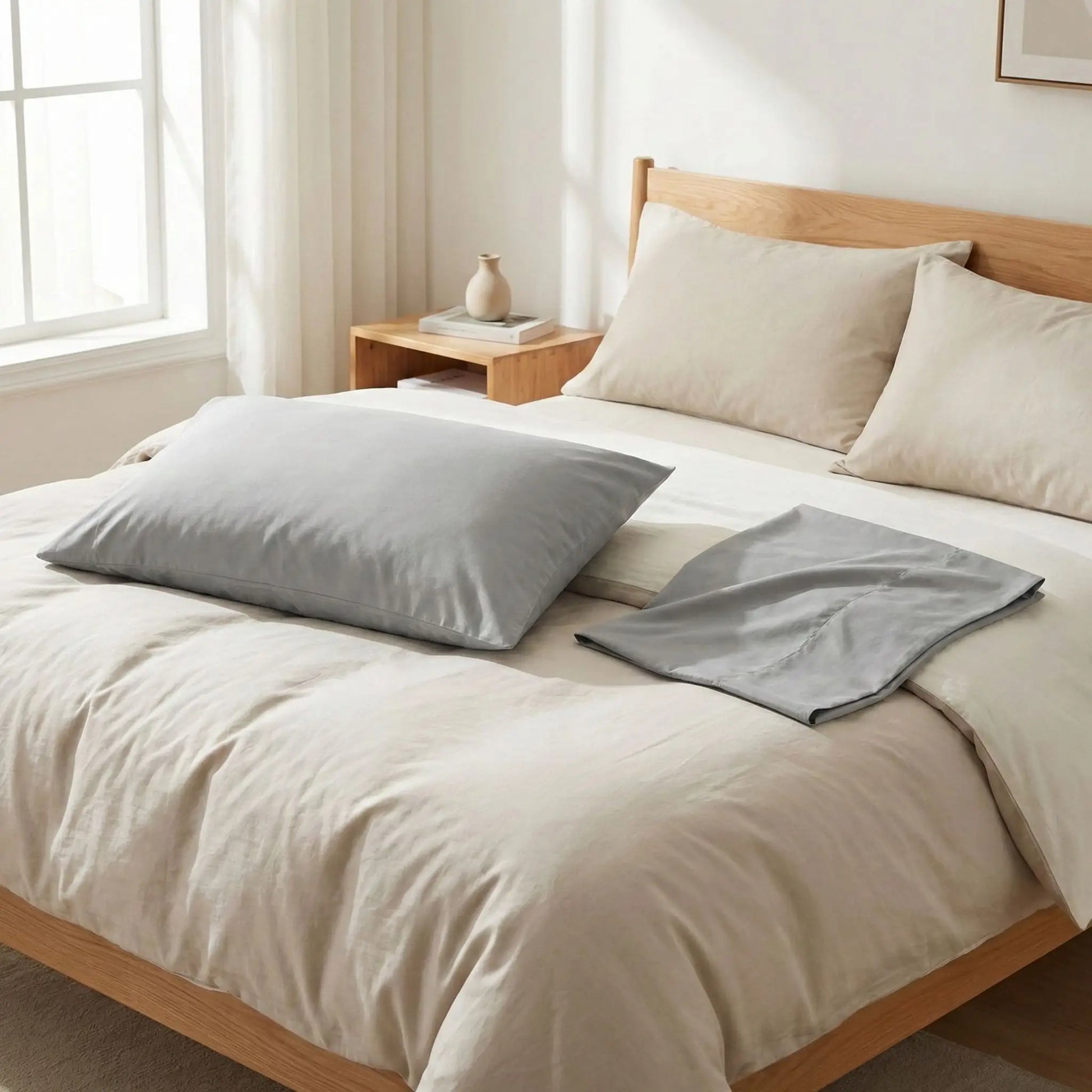 Taies d’oreiller en coton grises posées sur un lit en bois clair