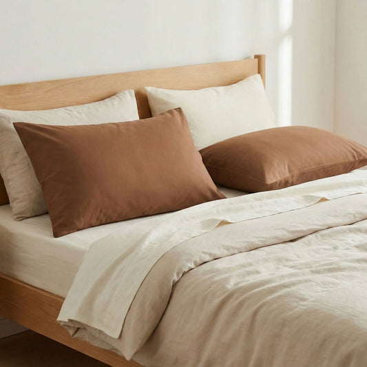 Taies d’oreiller en coton marron posées sur un lit en bois clair