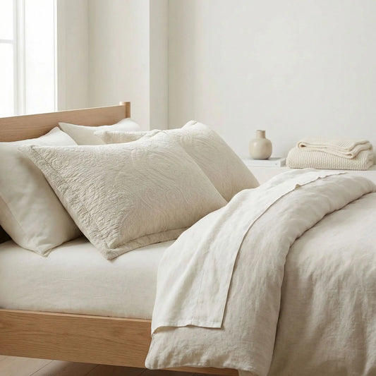 Taies d’oreiller en coton matelassé beige posées sur un lit en bois clair avec linge de lit blanc cassé
