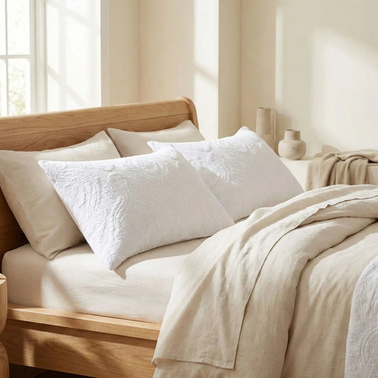 Taies d’oreiller en coton matelassé blanc posées sur un lit en bois clair avec linge de lit blanc cassé