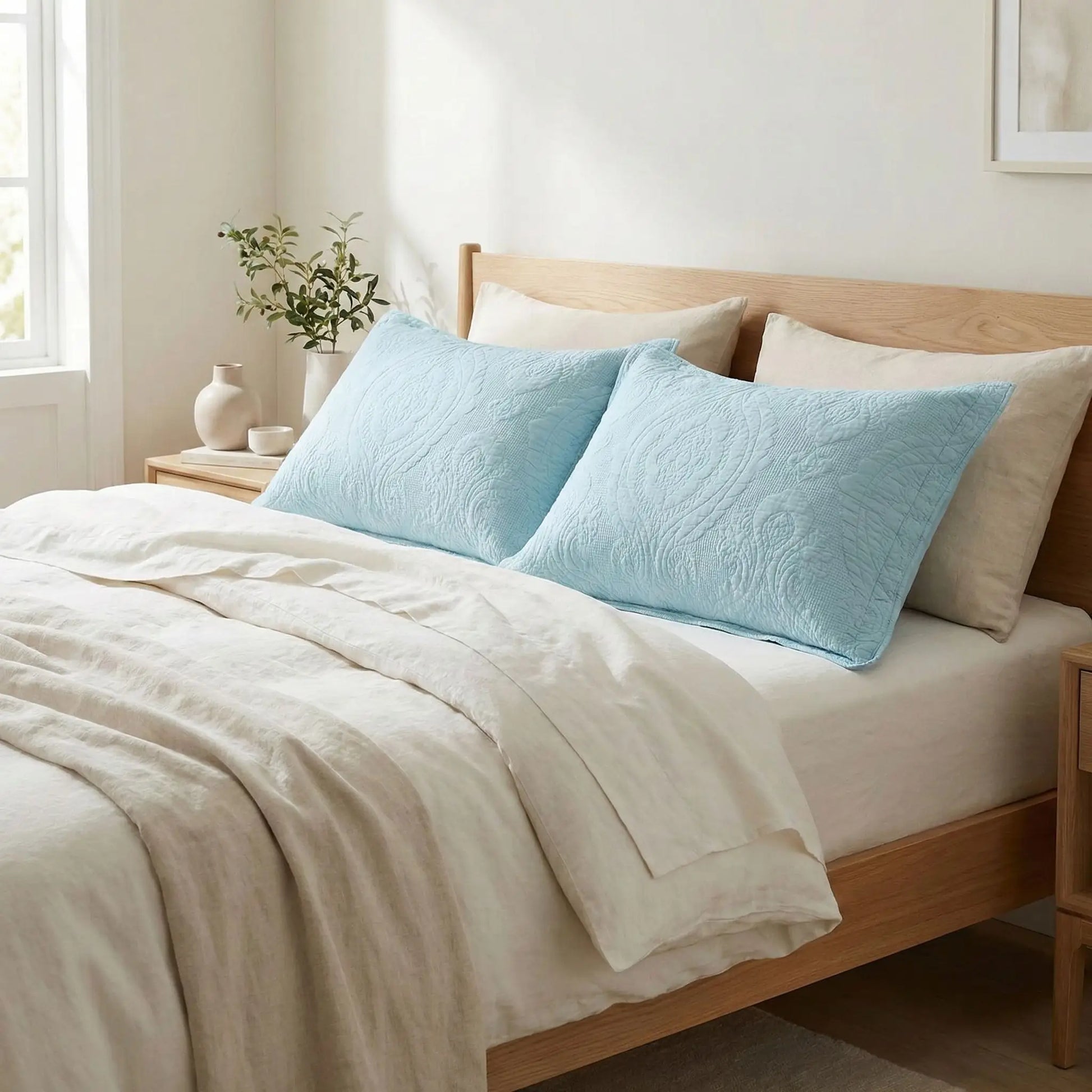 Taies d’oreiller en coton matelassé bleu ciel poudrée posées sur un lit en bois clair avec linge de lit blanc cassé