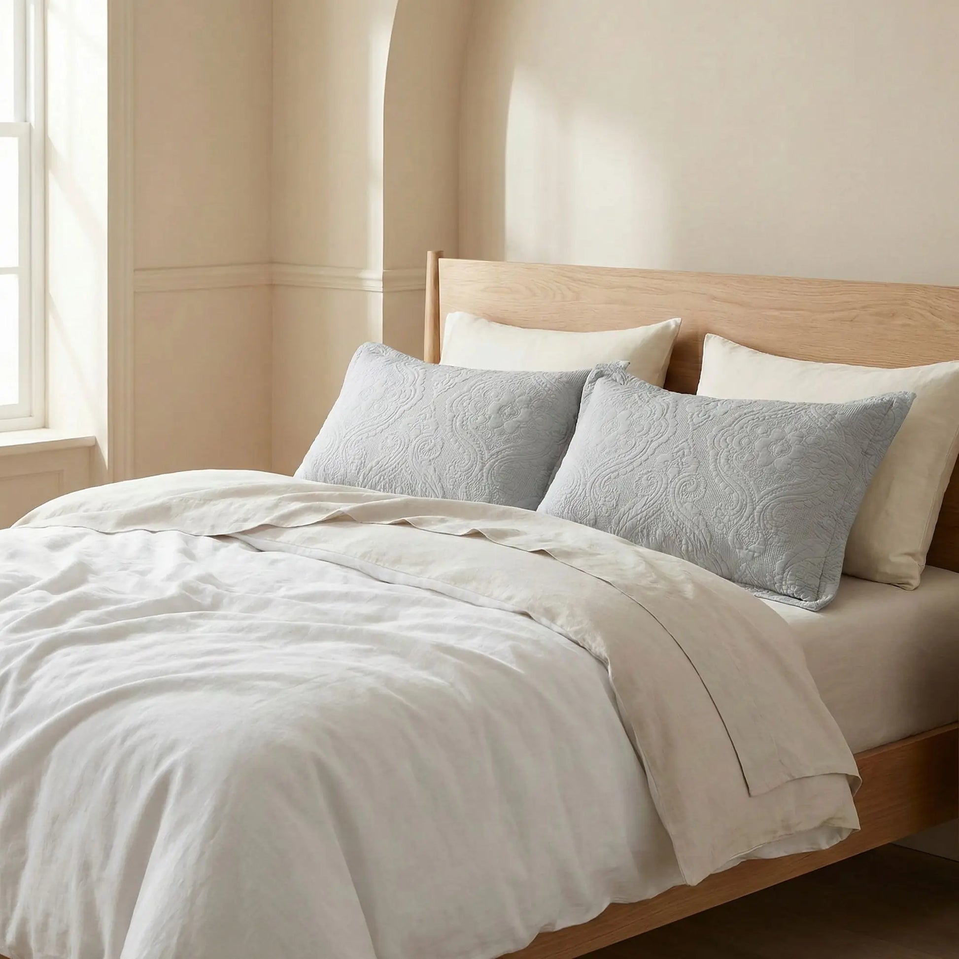 Taies d’oreiller en coton matelassé gris perle posées sur un lit en bois clair avec linge de lit blanc cassé