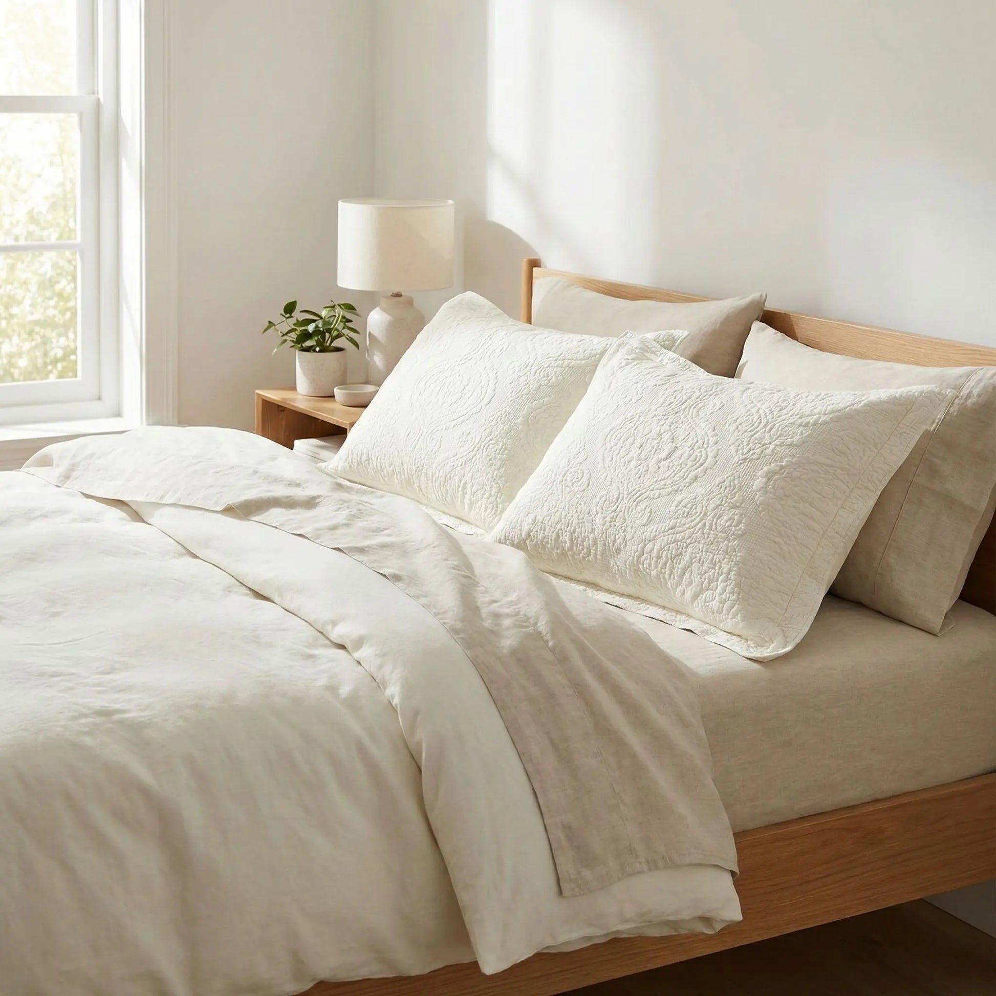 Taies d’oreiller en coton matelassé ivoire crème posées sur un lit en bois clair avec linge de lit blanc cassé