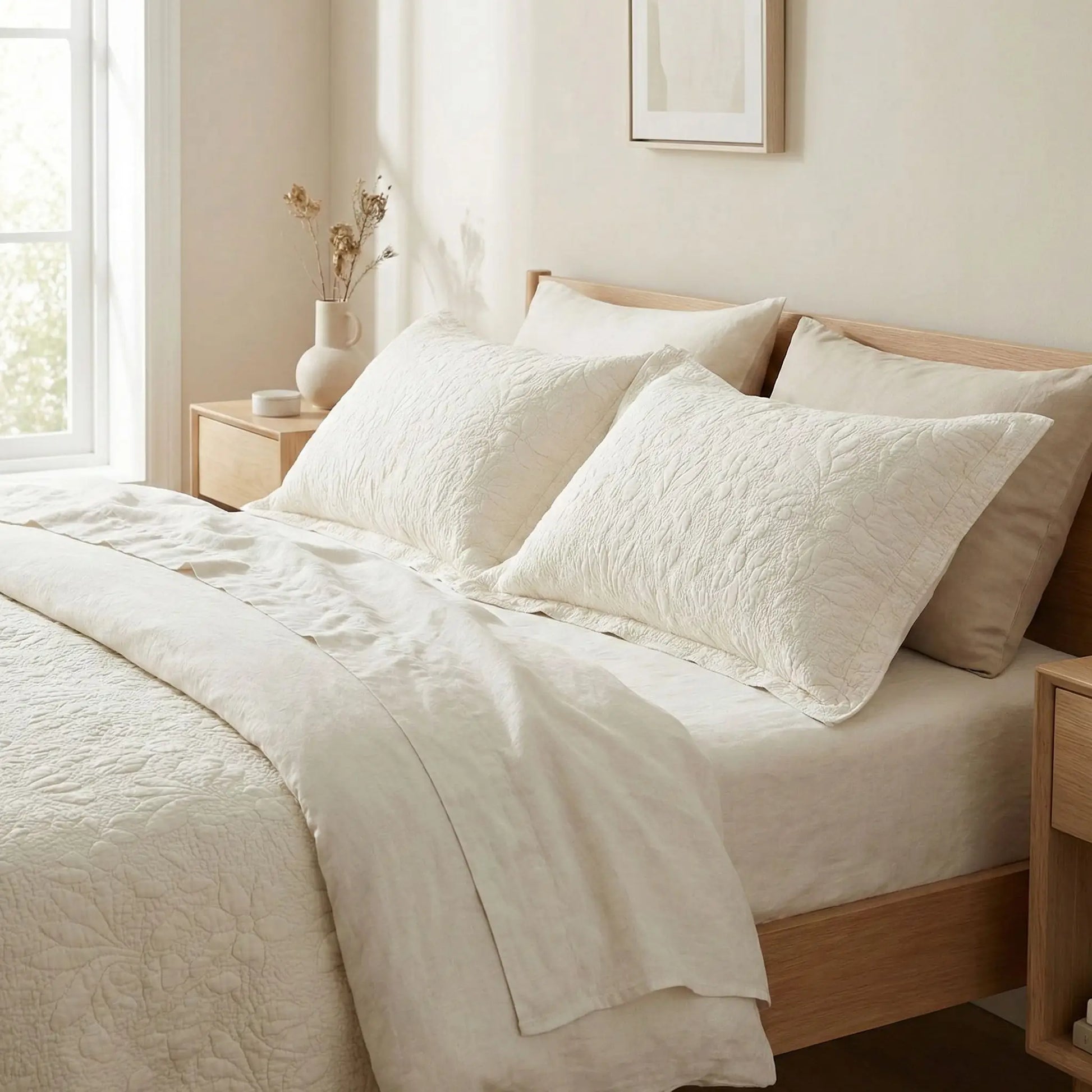 Taies d’oreiller en coton matelassé ivoire lumineux posées sur un lit en bois clair avec linge de lit blanc cassé