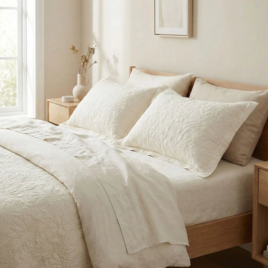 Taies d’oreiller en coton matelassé ivoire lumineux posées sur un lit en bois clair avec linge de lit blanc cassé