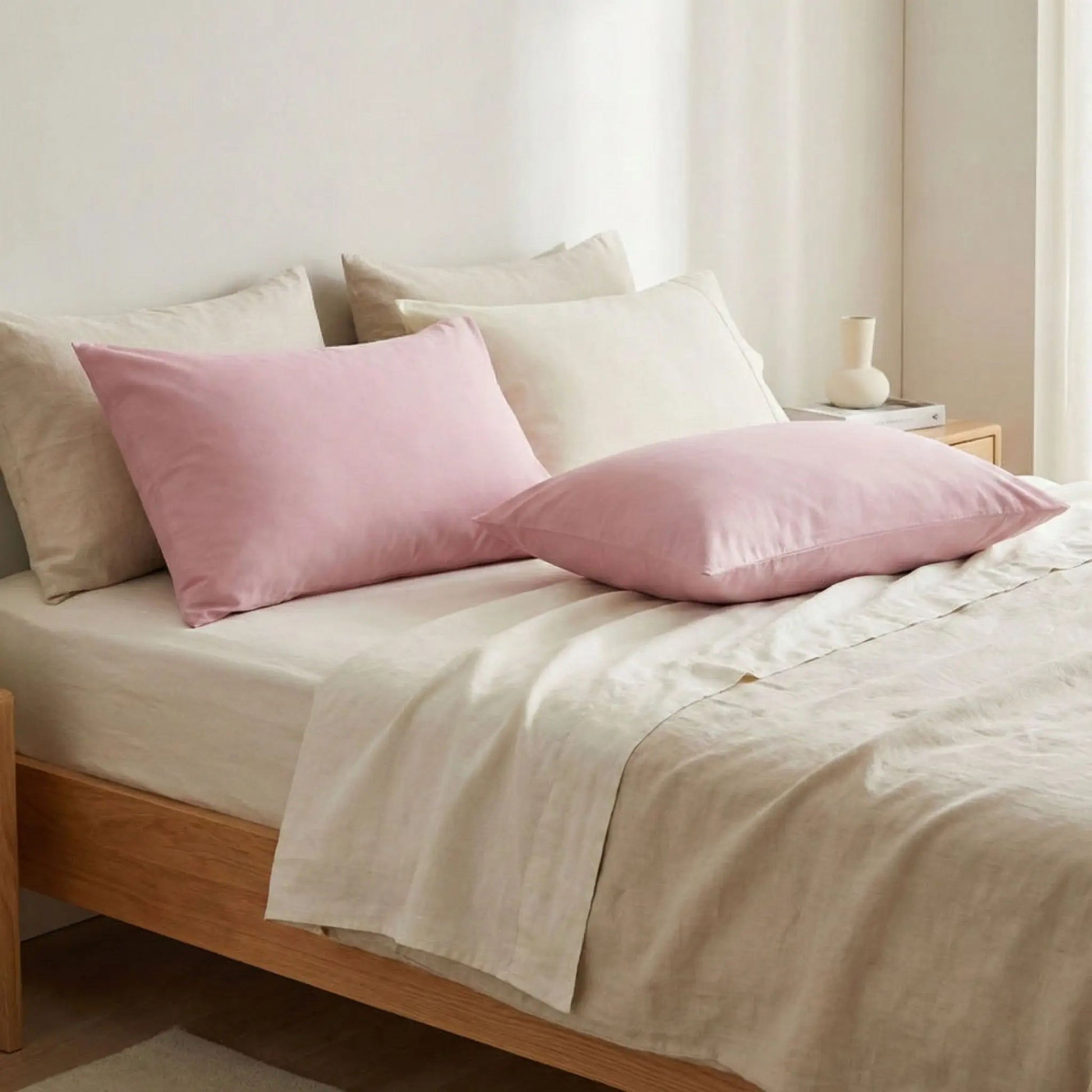 Taies d’oreiller en coton rose cendrée posées sur un lit en bois clair