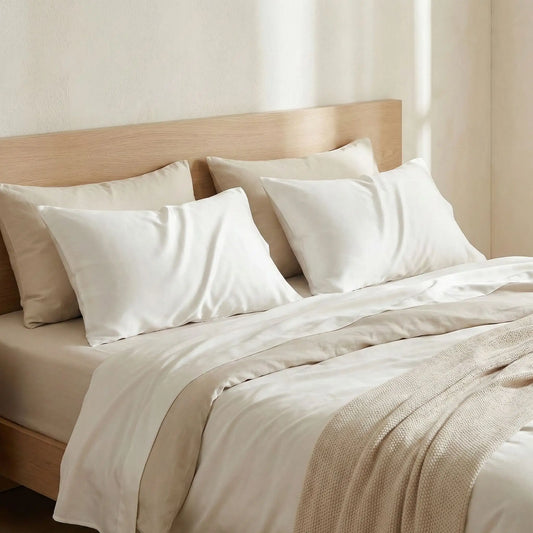 Taies d’oreiller en fibre d’eucalyptus blanches posées sur un lit en bois clair avec linge de lit blanc cassé