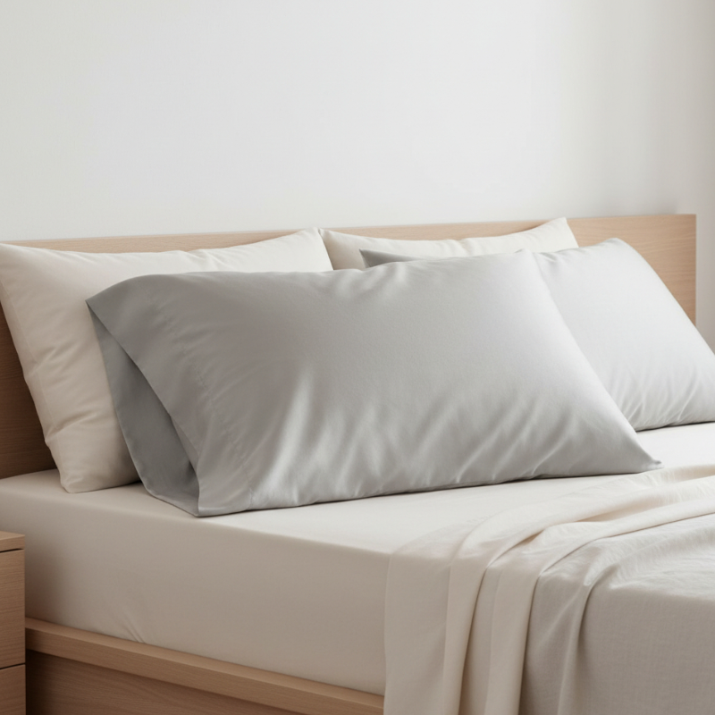 Taies d’oreiller en fibre d’eucalyptus grises posées sur un lit en bois clair avec linge de lit blanc cassé