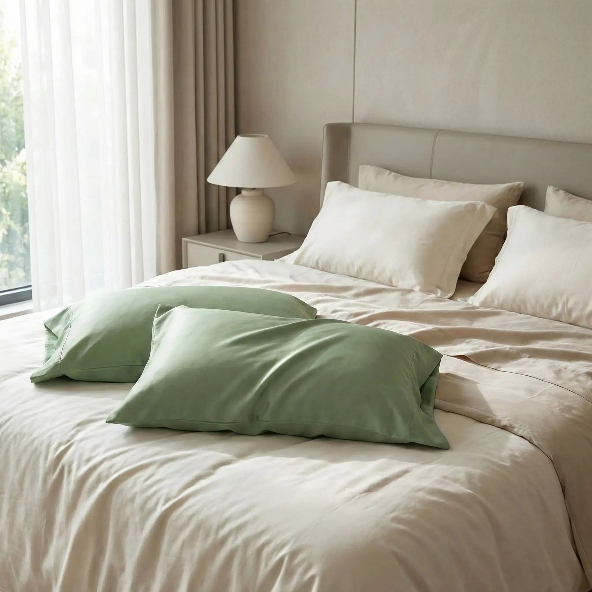 Taies d’oreiller en fibre d’eucalyptus vertes posées sur un lit en bois clair avec linge de lit blanc cassé, ambiance lumineuse