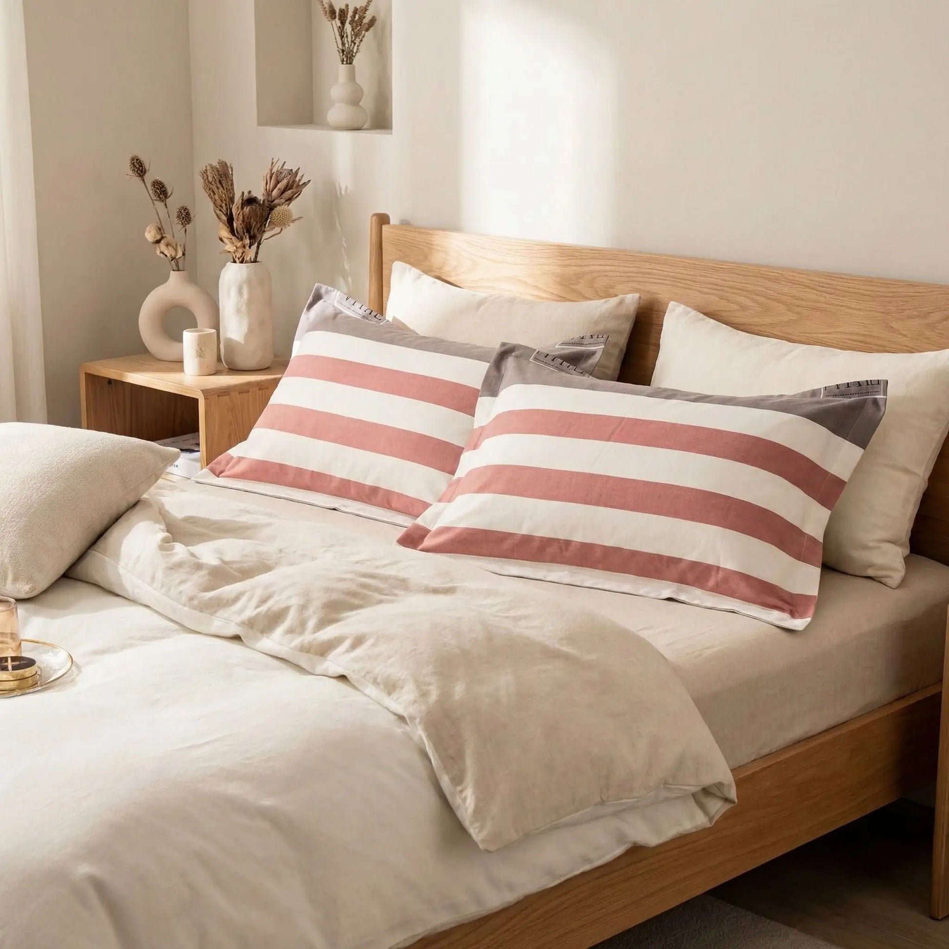 Taies d’oreiller en flanelle à rayures terracotta et beige posées sur un lit en bois clair avec linge de lit blanc cassé