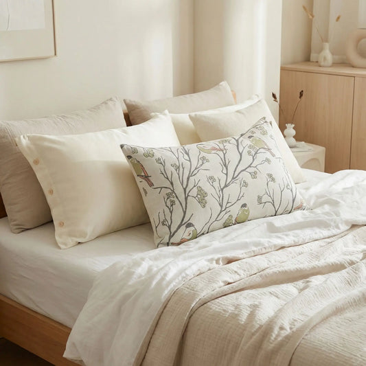 Taies d’oreiller en gaze de coton à motif nature posées sur un lit en bois clair