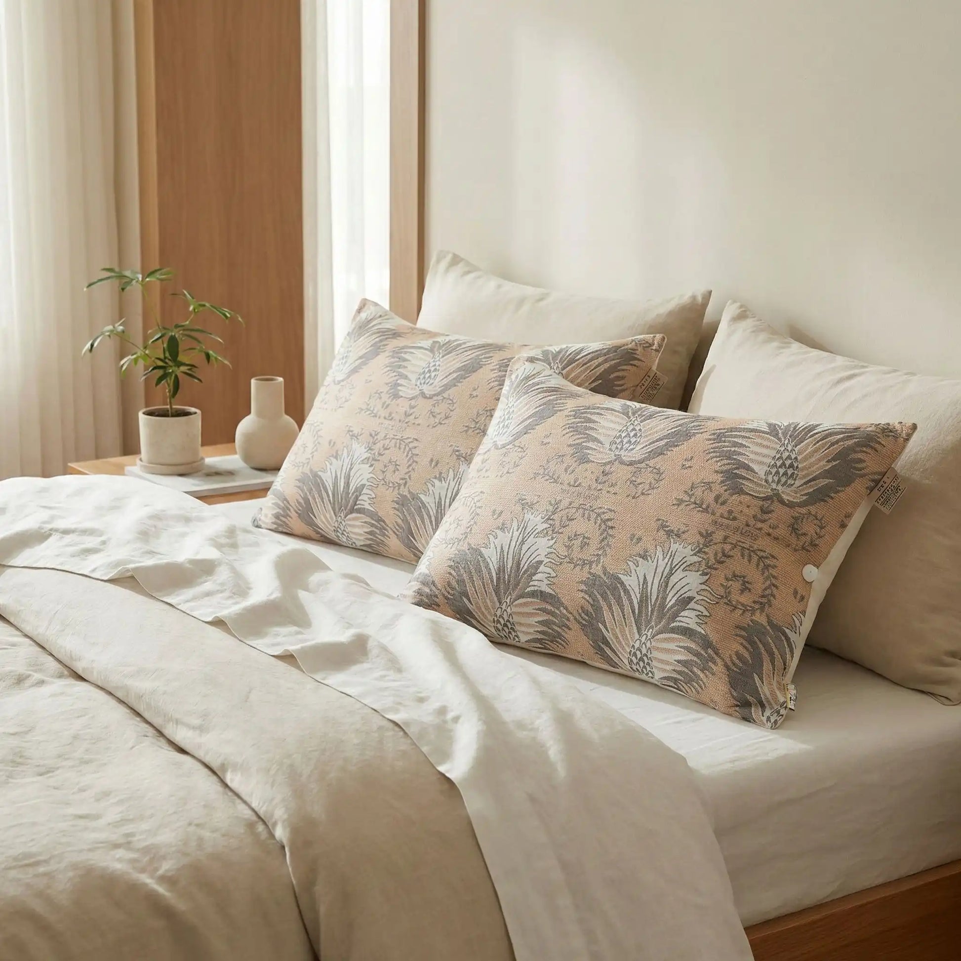 Taies d’oreiller en gaze de coton à motifs champêtre posées sur un lit