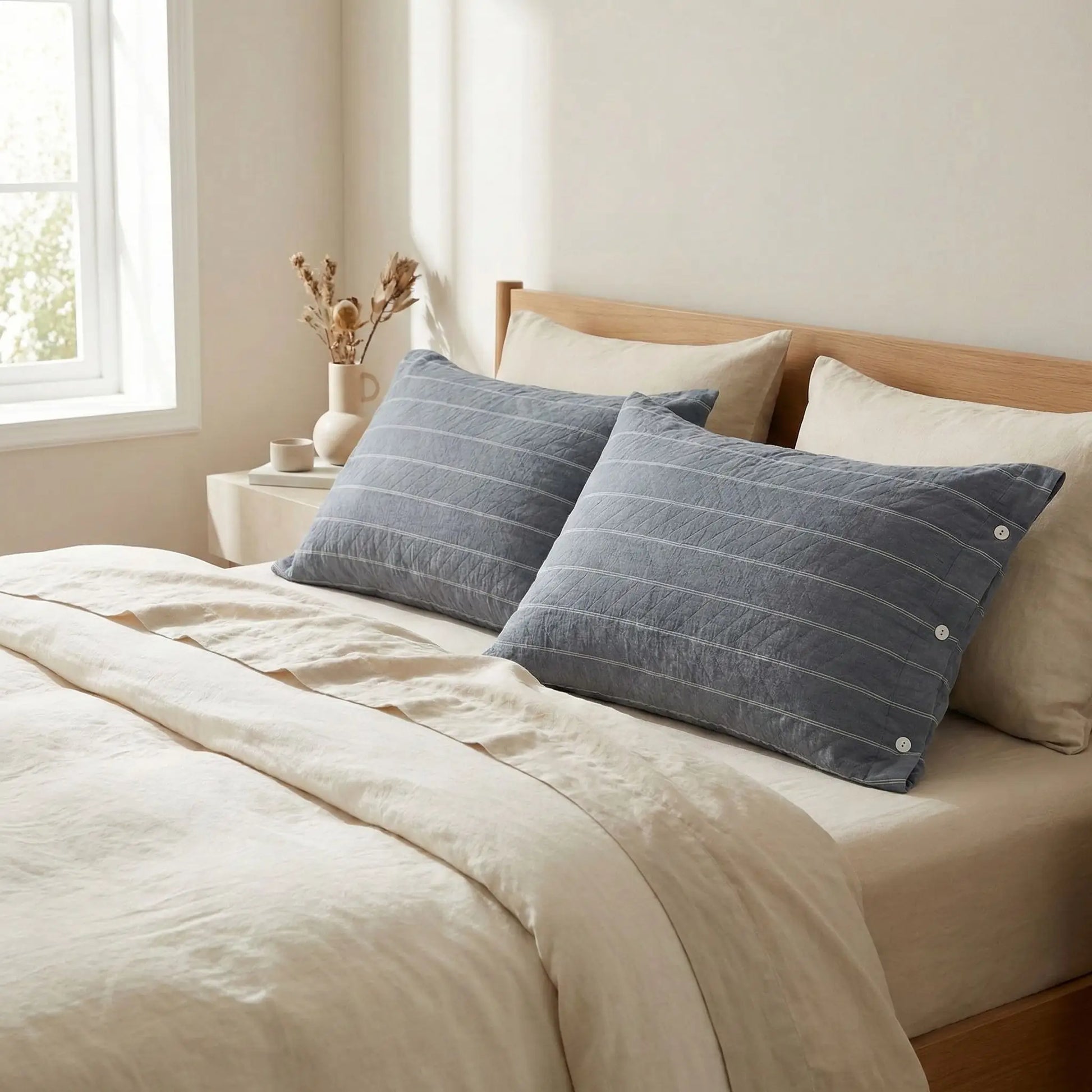 Taies d’oreiller en gaze de coton à rayures grises posées sur un lit en bois clair