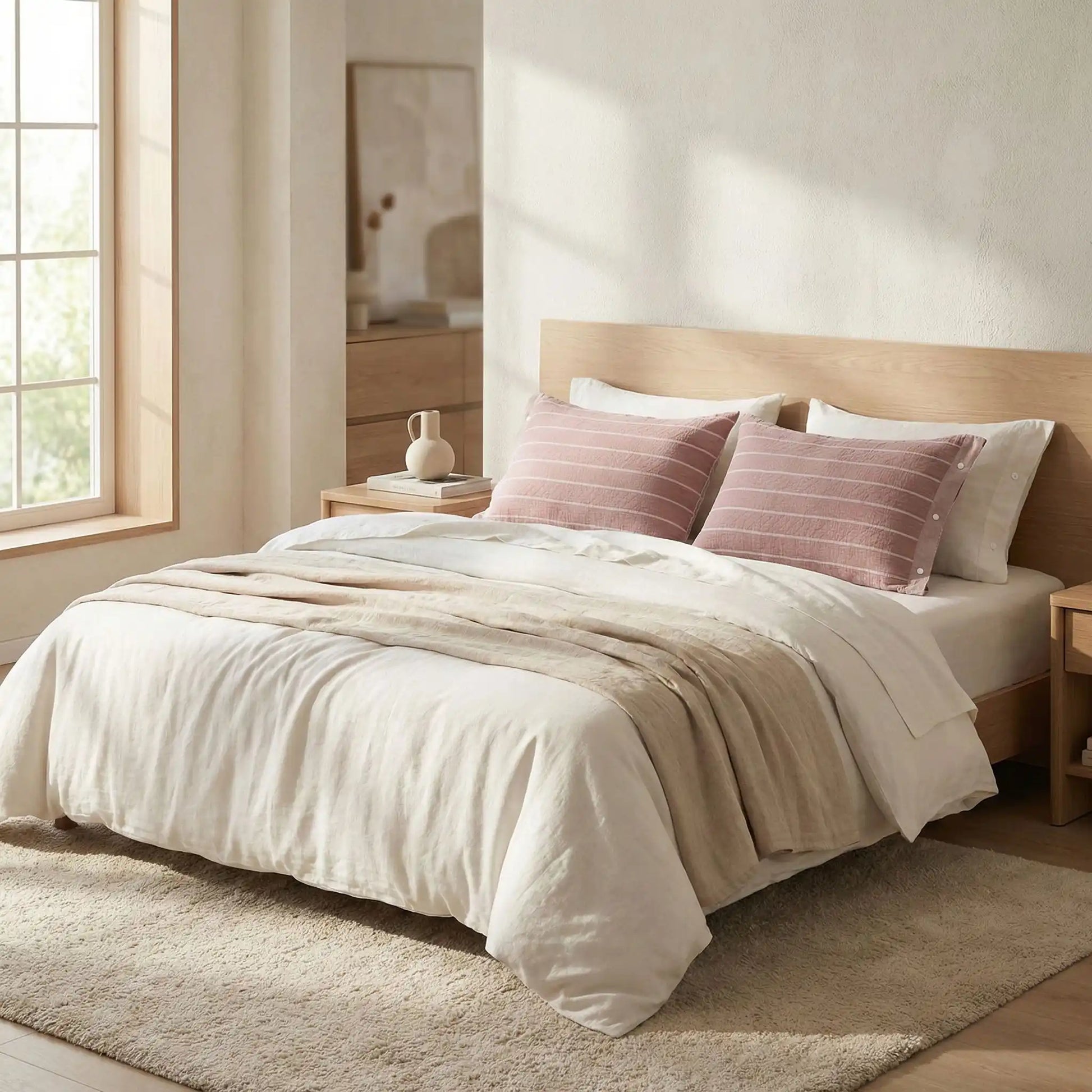 Taies d’oreiller en gaze de coton à rayures roses café posées sur un lit