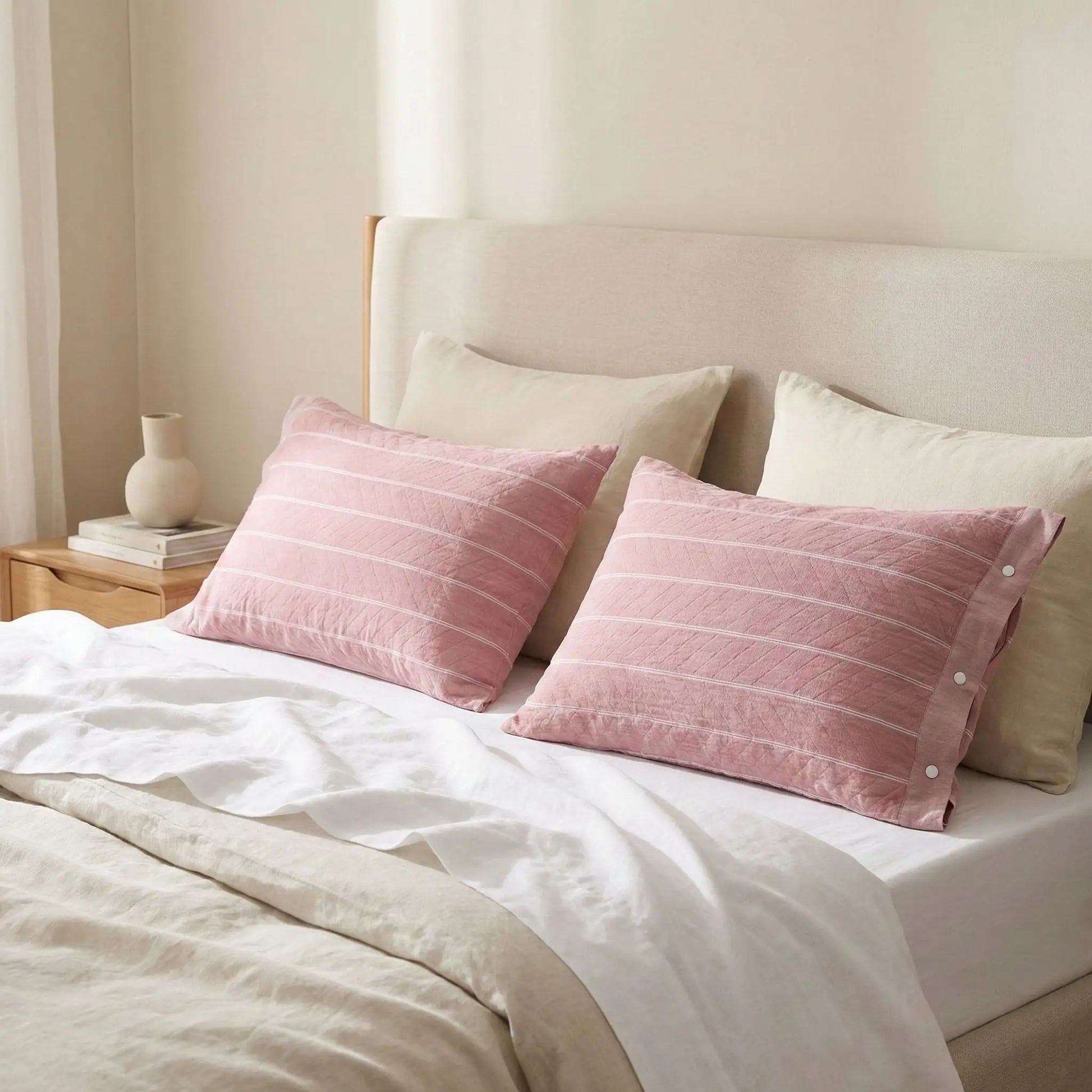 Taies d’oreiller en gaze de coton à rayures roses posées sur un lit en bois clair