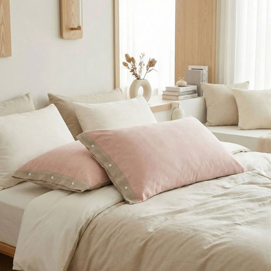 Taies d’oreiller en gaze de coton rose café posées sur un lit en bois clair
