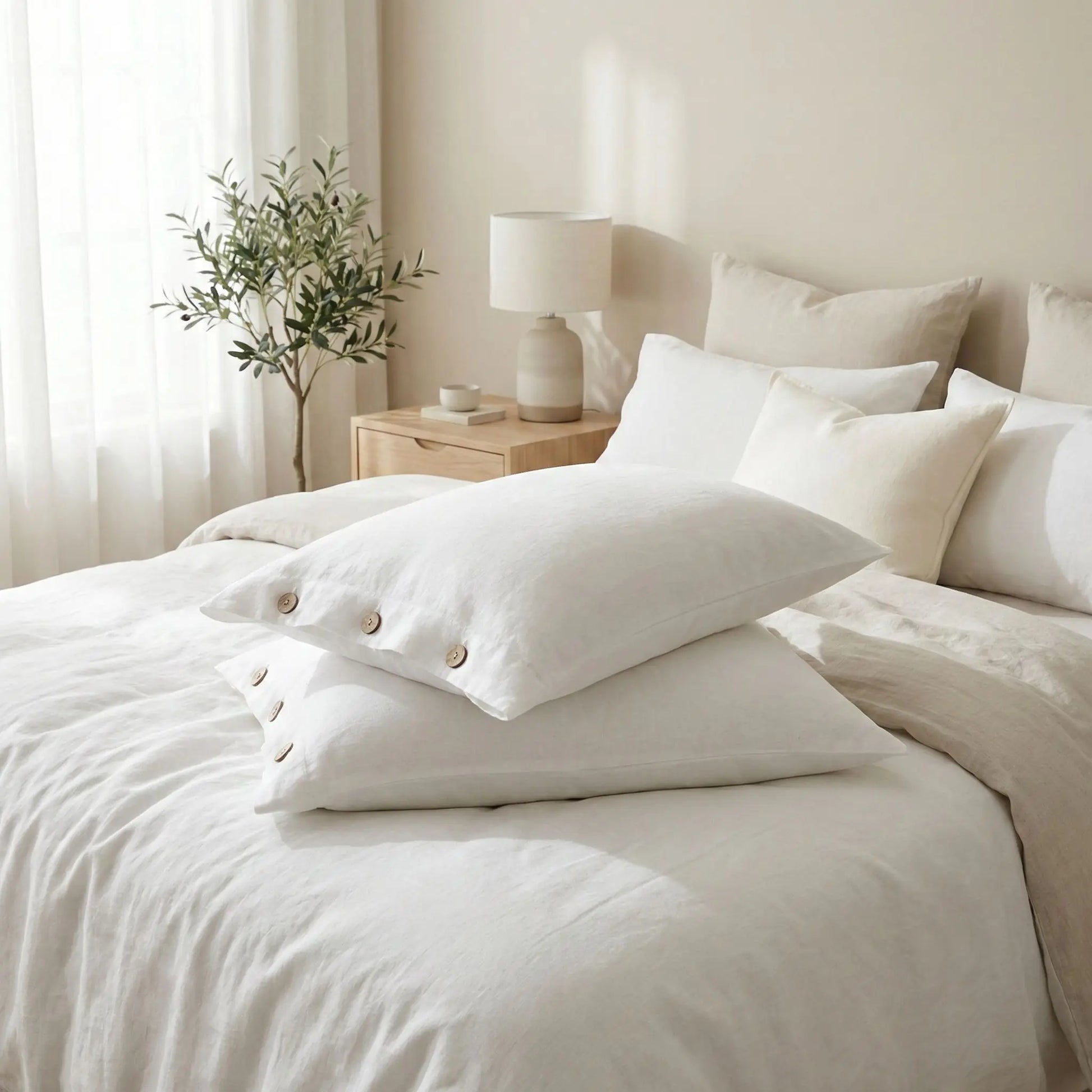 Taies d’oreiller en lin blanc neige posées sur un lit moderne avec linge de lit blanc cassé