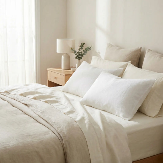 Taies d’oreiller en lin blanc posées sur un lit en bois clair avec linge de lit blanc cassé