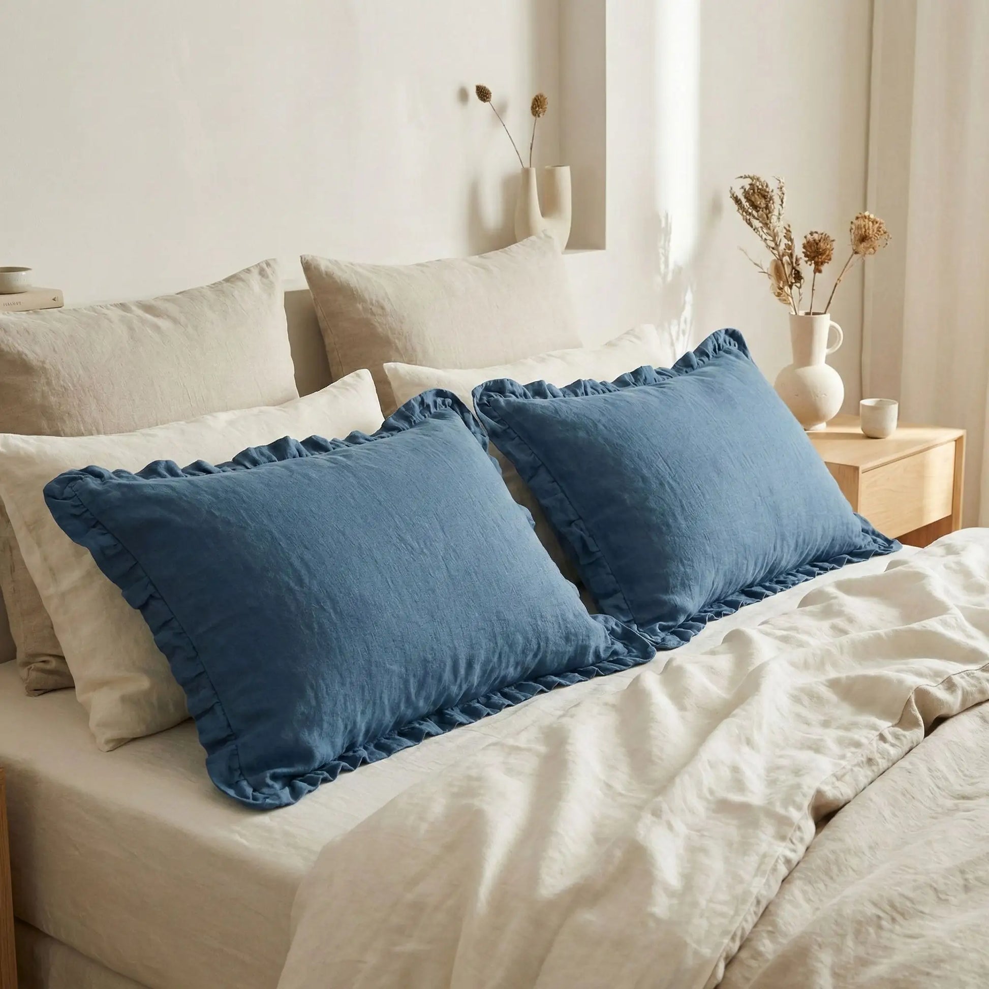 Taies d’oreiller en lin bleu à volants posées sur un lit en bois clair avec linge de lit blanc cassé 