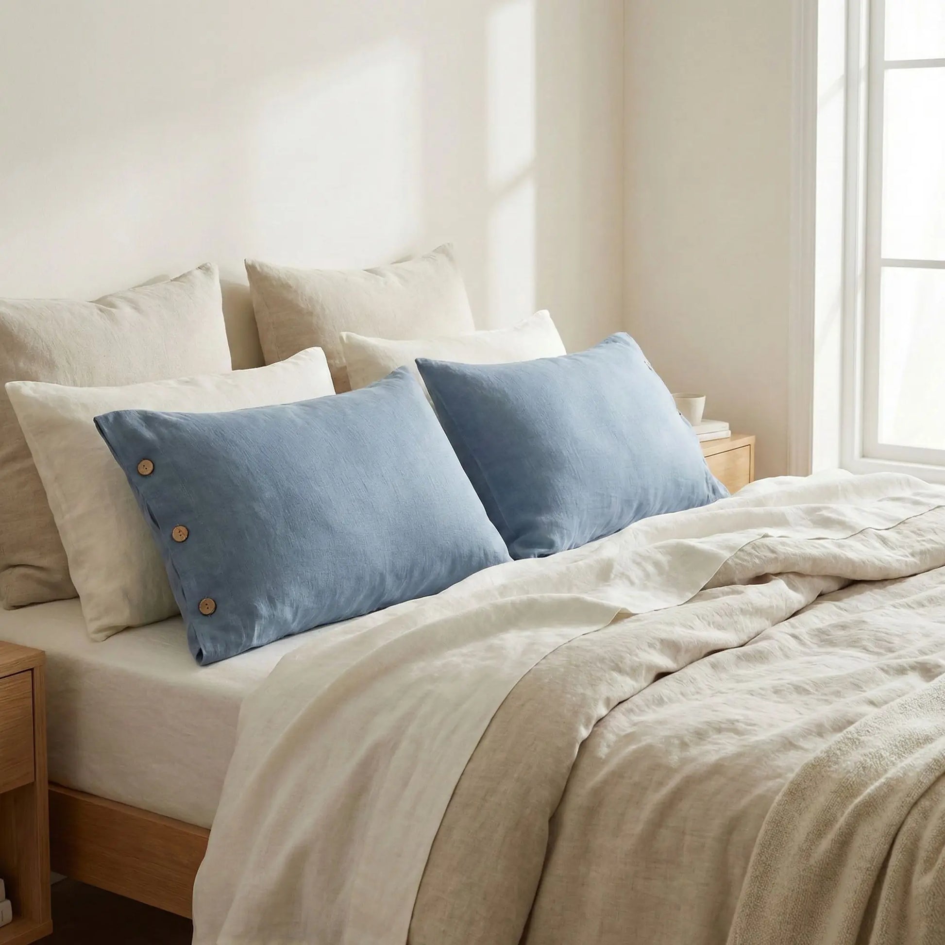 Taies d’oreiller en lin bleu ardoise posées sur un lit en bois clair avec linge de lit blanc cassé