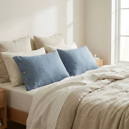 Taies d’oreiller en lin bleu ardoise posées sur un lit en bois clair avec linge de lit blanc cassé