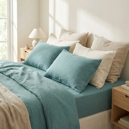 Taies d’oreiller en lin bleu vert posées sur un lit en bois clair avec linge de lit bleu vert et beige