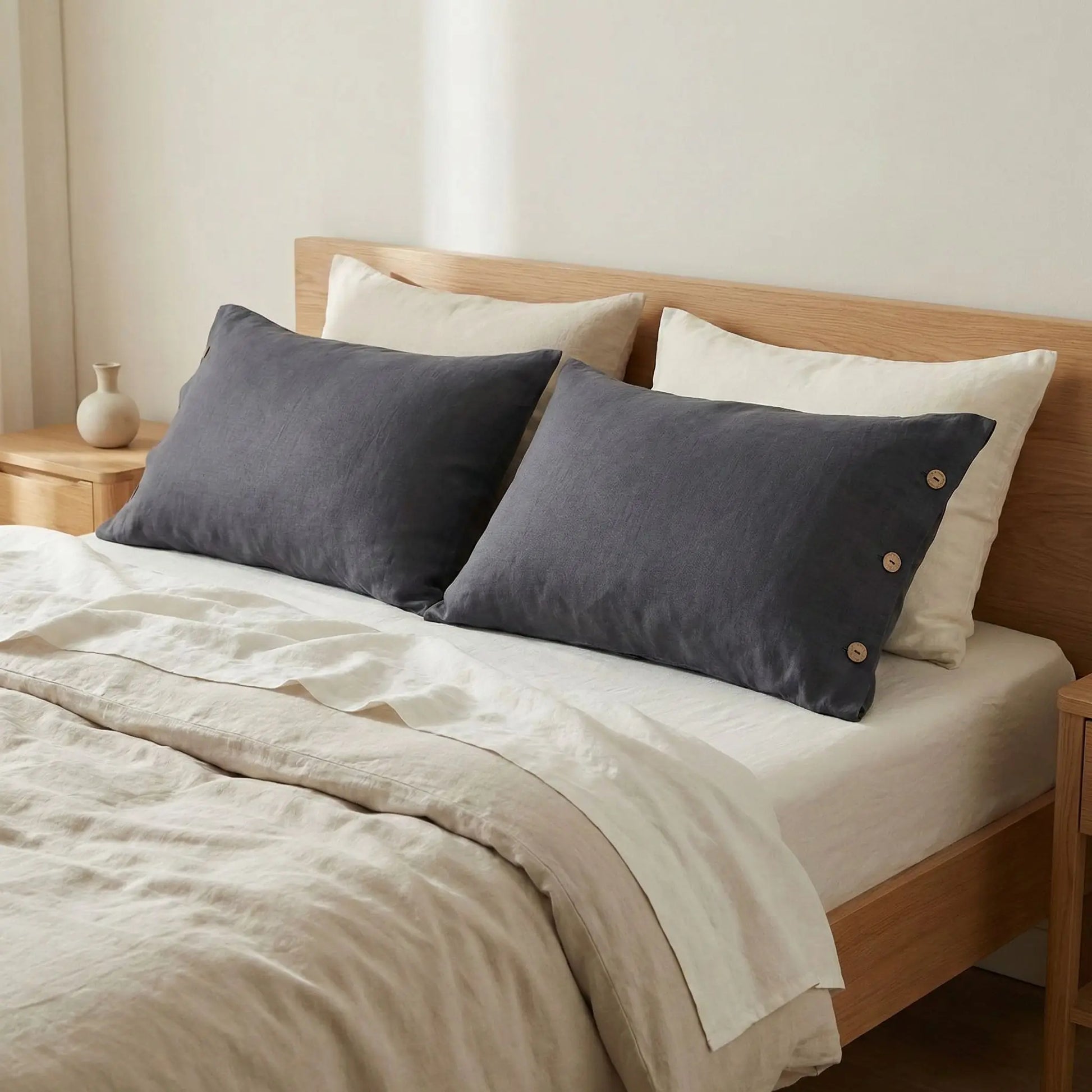 Taies d’oreiller en lin gris foncé posées sur un lit en bois clair avec linge de lit blanc cassé