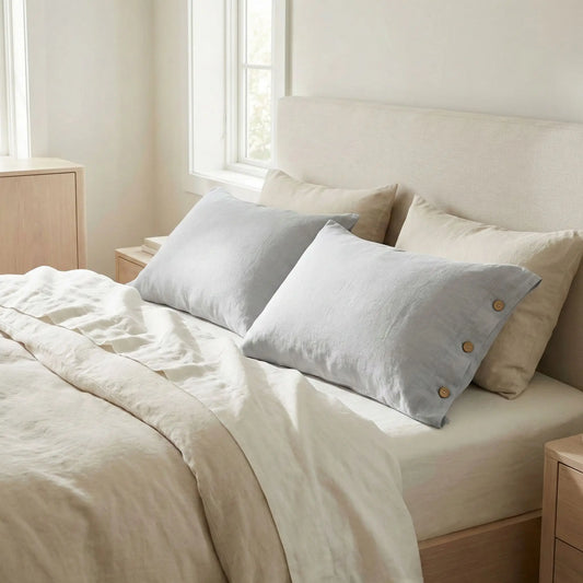 Taies d’oreiller en lin gris perle posées sur un lit en bois clair avec linge de lit blanc cassé